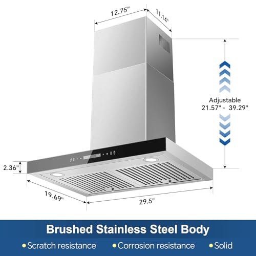 Image of Wall Mount Range Hood 30 inch 600 CFM T Shape with Gesture & Touch Control, Kitchen Vent Hood Ducted /Ductless Convertible, Exhaust Fan 3-speed Stove Hood, Baffle Grease Filter, Stainless Steel