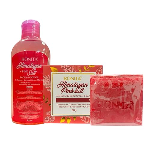 Bonita Himalayan Pink Salt Bundle – Face & Body Oil SPF 30 with Collagen Korean Citron Moringa + Exfoliating Salt Soap with Ferment Extracts Shea Butter for Hydration & Skin Care 100ml 80g