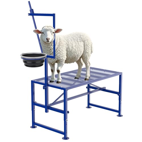 Bknius Goat Stand for Milking with Feed Bin, 600LBs Goat Milking Stand for Sheep Trimming Hoof, Use for Livestock, Iron Blue, Adjustable Size