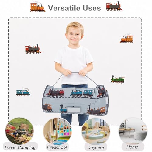Image of Viviland Toddler Nap Mat with Pillow and Minky Blanket,Rolled Large Sleeping Mat for Boys,Kids Slumber Bag Nap Mat for Preschool, Daycare, Kindergarten, Travel Camping - Train Magic