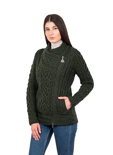 Image of SAOL Irish Cardigan for Women Made of 100% Merino Wool Ireland Sweater Cable Knit Zip Jacket