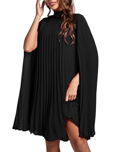 Image of Rooscier Women's Cloak Sleeve Party Midi Dress | Mock Neck Pleated Keyhole Back Flowy Dresses