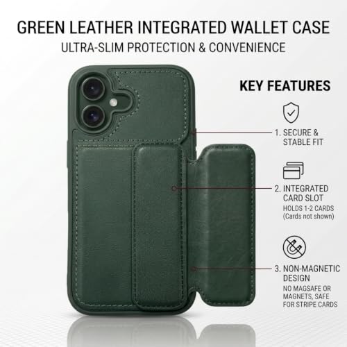 Image of amazon basics Luxury Vegan Leather Back Cover for iPhone 16 | Built-in Card Holder Slot | Integrated Mobile Stand | Slim Shockproof Protective Case with Stitched Finish - Green