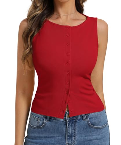 Image of Belle Poque Womens Button Down Tank Tops Ribbed Summer Vest Slim Fit Crop Going Out Tops Open Front Sleeveless Y2K Clothes