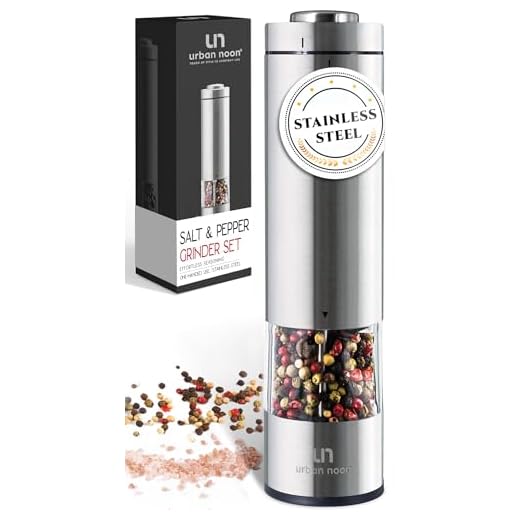Electric Salt and Pepper Grinder - Battery Operated Stainless Steel Pepper Mill with Light - One Handed Operation - Adjustable Ceramic Grinder