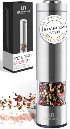 Electric Salt and Pepper Grinder - Battery Operated Stainless Steel Pepper Mill with Light - Automatic One Handed Operation - Electronic Adjustable Shaker - Ceramic Grinder