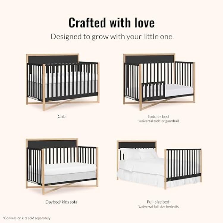 Dream On Me Owen 5-in-1 Convertible Full-Size Baby Crib in Matte Black, GreenGuard Gold & BSA, Converts to Toddler, Day, Full-Size Bed, Non-Toxic Paint, Safe Sleep Environment