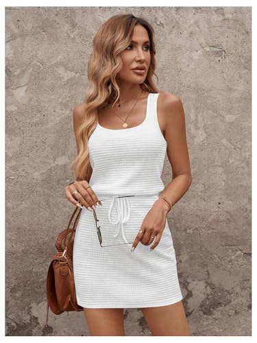 Image of RoseSeek Women's Waffle Knit Belted Tank A Line High Waisted Dresses Square Neck Sleeveless Summer Short Dress