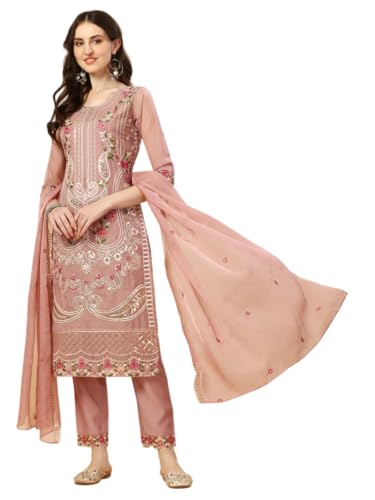 Image of NIVANA Womens Pakistani Embroidered Kurta with Pant & Dupatta | Organza Kurta Set with Round Neck & 3 /4 Sleeves | Traditional Ethnic Wear for Festive and Party Occasions