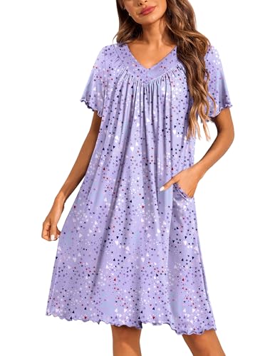 Image of Ekouaer Nightgowns for Women Short Sleeve House Dress with Pockets Pleated Soft Moomoo V Neck Sleepwear