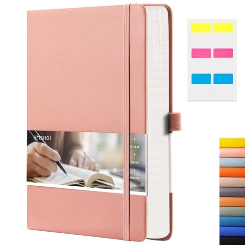 EMSHOI College Ruled Notebook-120gsm Thick Paper, 256 Numbered Pages Lined Journal for Women, 16 Perforated Pages, Faux Leather Hardcover, Inner Pocket, Pen Holder, A5 Medium 5.75" x 8.38"-Pink