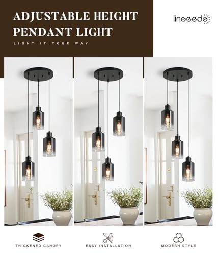 Image of 3-Light Black Pendant Lighting, Adjustable Modern Pendant Lights for Kitchen Island, Industrial Cluster Hanging Lights for Dining Table Hallway Bedroom Living Room