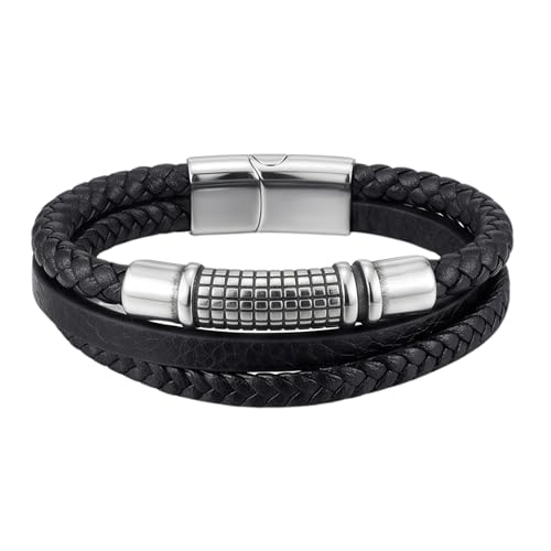 Image of THE MEN THING Leather Bracelet for Men - American Style Genuine Leather Multi-Layer Braided Bracelet with 100% Stainless Steel Magnetic Buckle for Men & Boys (8 inch)