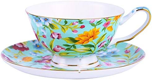 PMNING Tea cup and Saucer Set Royal Garden Style Tea Coffee Cup with Saucer 7 Ounces Bone China Teacup and saucer Set(Green)