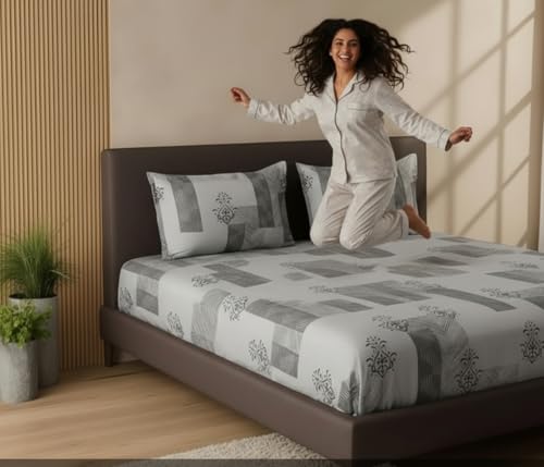 Image of 400 TC Cotton Feel Glace Cotton Double Bed Elastic Fitted Bedsheet King Size Set 78 x 72 Inches || 1 Elastic Bedsheet King Size Cotton & 2 Pillow Covers (Silver Lattice)