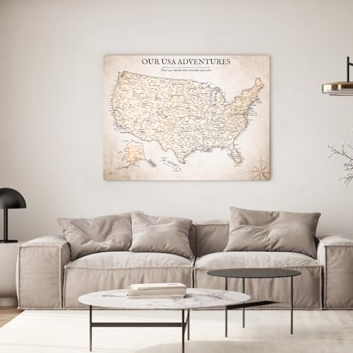 Image of IPIC - Vintage USA Map Pin Board Canvas Wall Art, Travel Map with Pins Included, Ready to Hang for Home or Office 40x30 Inch