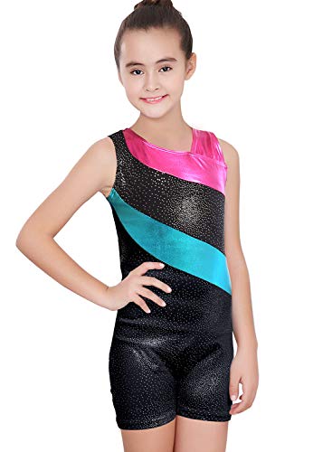 Kidsparadisy Maillot de gymnastique sans manches pour fille 2-15 ans - Rubans colorés et ornements scintillants - Maillot de danse, Fille, Noir , 130 (6-7J) Cover