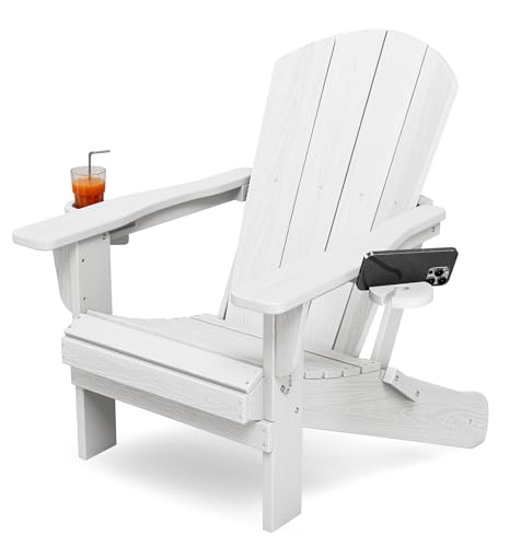 KINGYES Folding Adirondack Chair with Dual Cup Holders - HDPE All-Weather Outdoor Chairs, Wood-Like Patio Chair for Backyard, Camping, Pool & Fire Pit, White