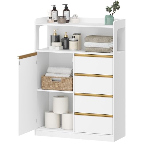 HEXCELEN Badezimmerschrank, Küchenschrank, Aufbewahrungsschrank mit 4 Schubladen und Offenem Regal, Badschrank Hoch, Verstellbare Ablage, für Badezimmer, Wohnzimmer, Weiß, 30 x 80 x 110 cm HEXCELEN Badezimmerschrank, Küchenschrank, Aufbewahrungsschrank mit 4 Schubladen und Offenem Regal, Badschrank Hoch, Verstellbare Ablage, für Badezimmer, Wohnzimmer, Weiß, 30 x 80 x 110 cm