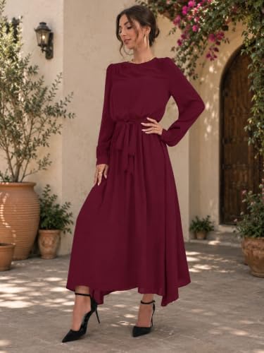 Image of LITZO Women's One Piece Dress - Georgette Solid Color Western Gown | Long Sleeve Round Neck Fit & Flare Flared Hem Design | A-Line Maxi Dress for Women | New Year Party Outfit (NO-14-16)