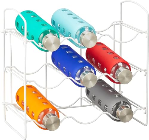 Image of Metal Water Bottle Rack Storage Organizer for Kitchen Countertops, Pantry, Fridge - Stores Wine, Beer, Pop /Soda - 3 Levels, Each Holds 9 Bottles, Free-Standing (White)