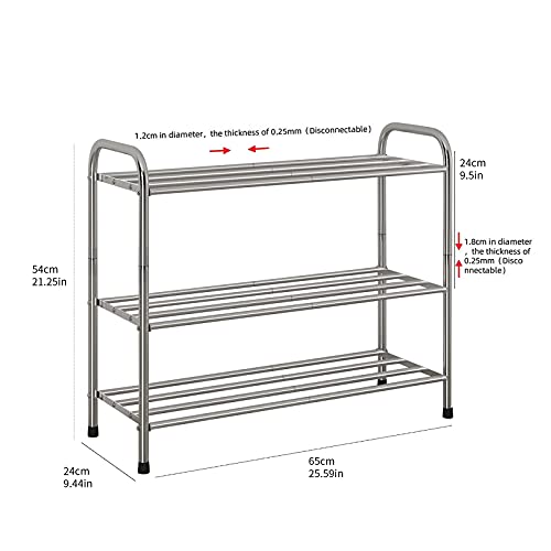 Aisputin 3 Tier Shoe Rack, Stainless Steel Shoe Racks For Closets, 9-11 Pairs Shoes Organizer, Boot And Sneaker Shelves For Entryway,25.59" W X 9.44" D X21.25 H. (65L X 24W X 54H Cm) #TOP5