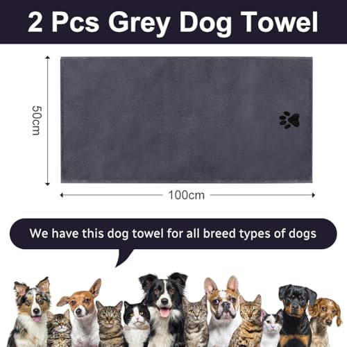 Adiwo 2 Stück Hunde Handtuch, 100 * 50 cm Hundehandtuch Extra saugfähig, Schnelltrocknend Haustier Mikrofaser Handtücher, Geschenk Geeignet für Hunde Katzen Oder Andere Haustiere, Grau