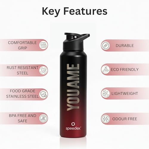 Image of Speedex Engraved Name Stainless Steel Sipper Water Bottle 1 Ltr - Customised Personalised Bottle for Kids & Adults, School, Gym, Sports, Black, Set of 1 (Black Wine, Set Of 1)