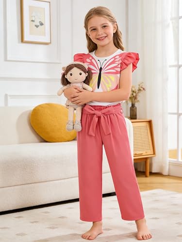 Image of Toddler Kid Girl Clothes Casual Ruffle Sleeve Floral Printed Top Solid Pants with Belt 3PC Outfit Set