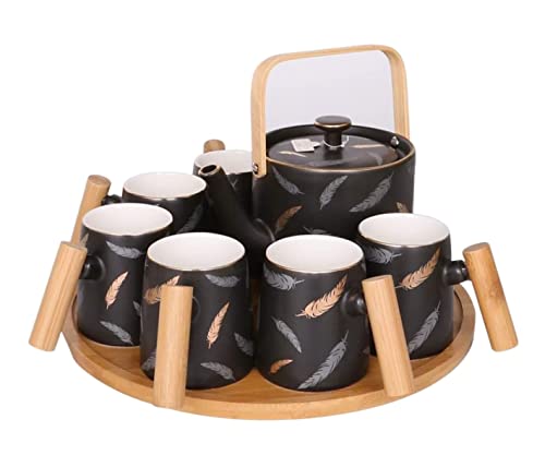 Porcelanowy zestaw do herbaty z bambusową tacą - 8-częściowy ceramiczny czajniczek i filiżanki do domu, biura i na zewnątrz popołudniowej herbaty