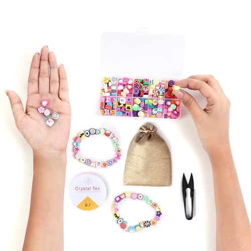 Image of Ambitieux 10-Partition Rubber Beads Bracelet Making Kit for Kids | 10 Designs of Emoji, Heart, Flower, Butterfly Beads | Includes Elastic Thread & Mini Scissors | DIY Jewellery Craft Set for Girls & Boys