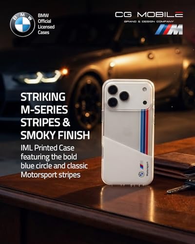 Image of CG MOBILE BMW [Official Licensed] Protective Case Designed for iPhone 17 Pro Max |Motorsport Collection|IML Printed Case with Vertical Stripes - White
