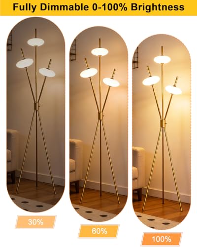 Image of Lightdot Tripod Floor Lamp Stepless Dimmable Gold Standing Tall Lamps with 3PCS Elliptical Lampshades Mid Century Modern Floor Lamps for Living Room /Bedroom /Sofa Beside /Corner Decor