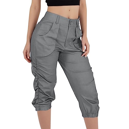 Cargo Capris for Women Casual Summer Baggy Hiking Pants with Pocket Side Ruffle Solid Outdoor Work Comfy Cropped Pant Grey XL