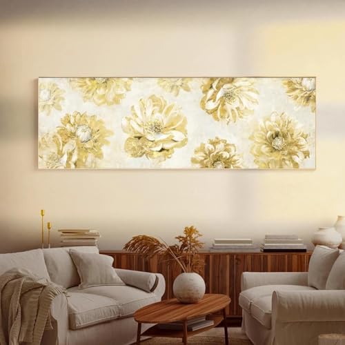 Peinture sur toile fleurs dorées abstraite pour une ambiance sereine et lumineuse au salon