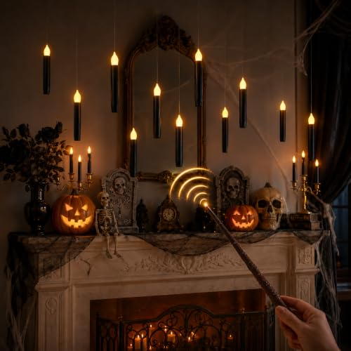 Image of Lezonic 12Pcs Floating Candles with Wand and Remote, Magic Black Flameless Candles Battery Operated, Flikering Hanging LED Taper Candlesticks Halloween Decorations, 0.8 inch x 6 inch
