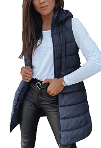 Imily Bela Damen Steppweste Lange Leichte Weste mit Kapuze Ärmellos Winterjacke Warm Übergangsweste,Dunkeblau, M