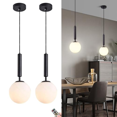 2Pack Modern Pendant Light | Globe Glass Lampshade Ceiling Light Fixtures, Adjustable Pendant Light Shade for Kitchen Island Lights, Dining Room, Bedroom, Bathroom, Entrance (Black,M)