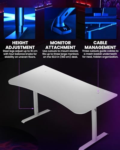 Image of Arozzi Arena Large Gamer Desk - 63x32 inch Adjustable Height PC Gaming Desk with Storage for Cables & Triple-Monitor Support - Full-Surface Washable Mousepad - Pure White