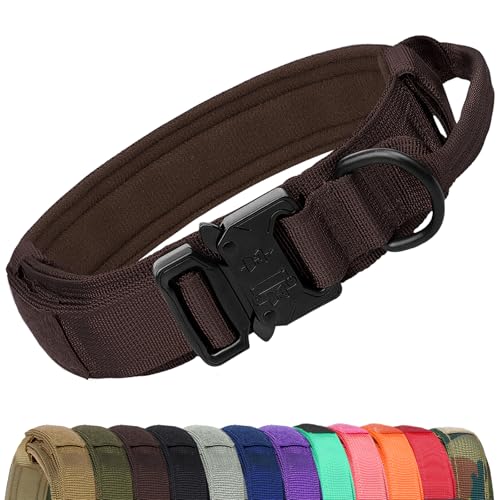Joytale Taktisches Hundehalsband mit Griff Halsband Hund 3.8 cm Breit Hundehalsband für Große Hunde Verstellbar aus Nylon, Braun, L