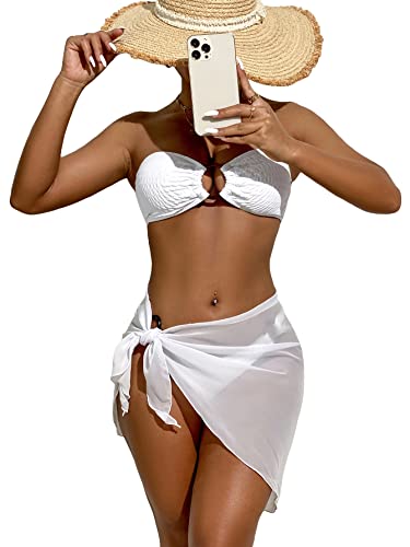 WDIRARA Women's Cut Out Ring Bandeau 3 Piece Bikini Set Swimsuit Smocked Bathing Suits with Cover Up