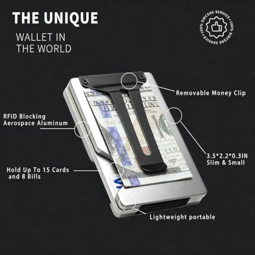 Image of Minimalist Wallet for Men, Slim Metal RFID Blocking Wallet Credit Card Holder Money Clip & Cash Strap, Scratch-Resistant Holds 15 Cards,Ideal Gift for Men | Matte Silver