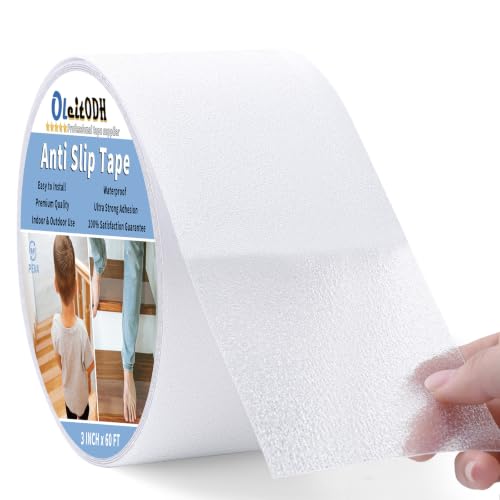 Image of Oleitodh Clear Non-Slip Tape, 3In x 60Ft, Transparent Safety Grip | Non Slip Traction Tape for Stairs, Wet Surfaces, Bathroom Entry, Boat, Outdoor Steps. Invisible, Comfortable Barefoot Texture
