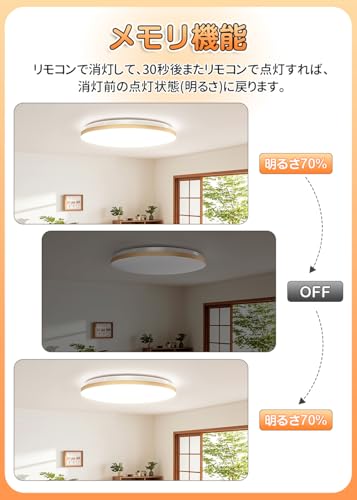 C-J-W LEDシーリングライト 6~8畳 木調目 リモコン付 無段階連続調光調色 昼光色 電球色 30W 3300LM 間接光常夜灯モード メモリ機能 15分/30分/60分スリープタイマー 天井照明器具 和室 和風 リビング 玄関 寝室 キッチン 日本語説明書 PSE認証済み 適格請求書の発行対象 ナチュラル