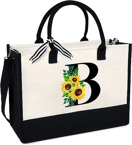 LIYACHAO Sunflower Tote with Zipper Pocket, 13oz Monogram Tote Bags for Women, Birthday, Christmas, Teacher Gifts, Initial Tote Bags for Women, Personalized Tote Bag for Womens, Wedding Gift Bag B