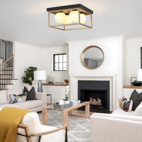 Image of Flush Mount Ceiling Light, 12.6 inch Close to Ceiling Light Fixtures with Globe Glass Shade, 4-Light Black and Gold Light Fixture for Living Room Dining Room Bedroom Kitchen Hallway Entryway