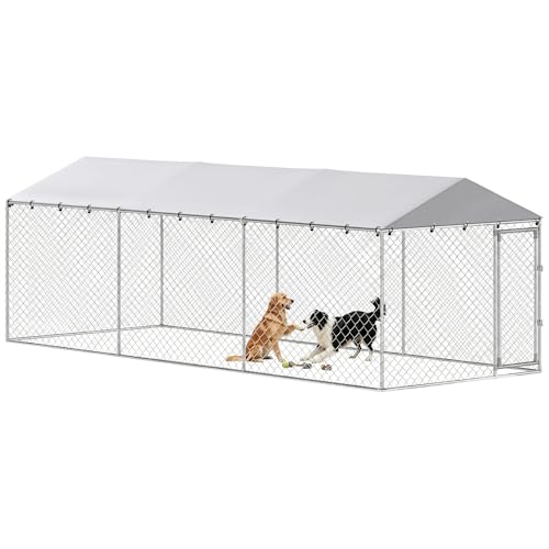 PawHut Kennel Gabbia per Cani da Esterno Grande, Box Recinto per Cani con Tetto Anti-UV Impermeabile Rimovibile, Porta Reversibile, Doppia Chiusura Antifuga, in Acciaio Zincato, 600x230x200cm, Argento