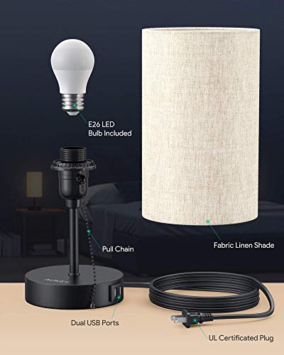 AUKEY Table Lamp, Fabric Shade Bedside Lamp with Warm White E26 LED Bulb and Dual USB Charging Ports for Bedrooms, Living Rooms, and Offices