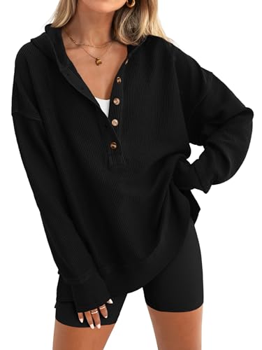 Image of PRETTYGARDEN Womens Fashion 2025 Oversized Long Sleeve Hoodie Button Down V Neck Sweatshirt Side Slit Casual Pullover Tops