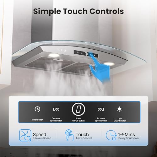 Image of VIKIO HOME 36 Inch Wall Mount Range Hood, 450 CFM Dual Inlet, Curved Glass Kitchen Vent Hood, Ducted /Ductless Convertible, 3-Speed Touch Control, LED Lights, Stainless Steel
